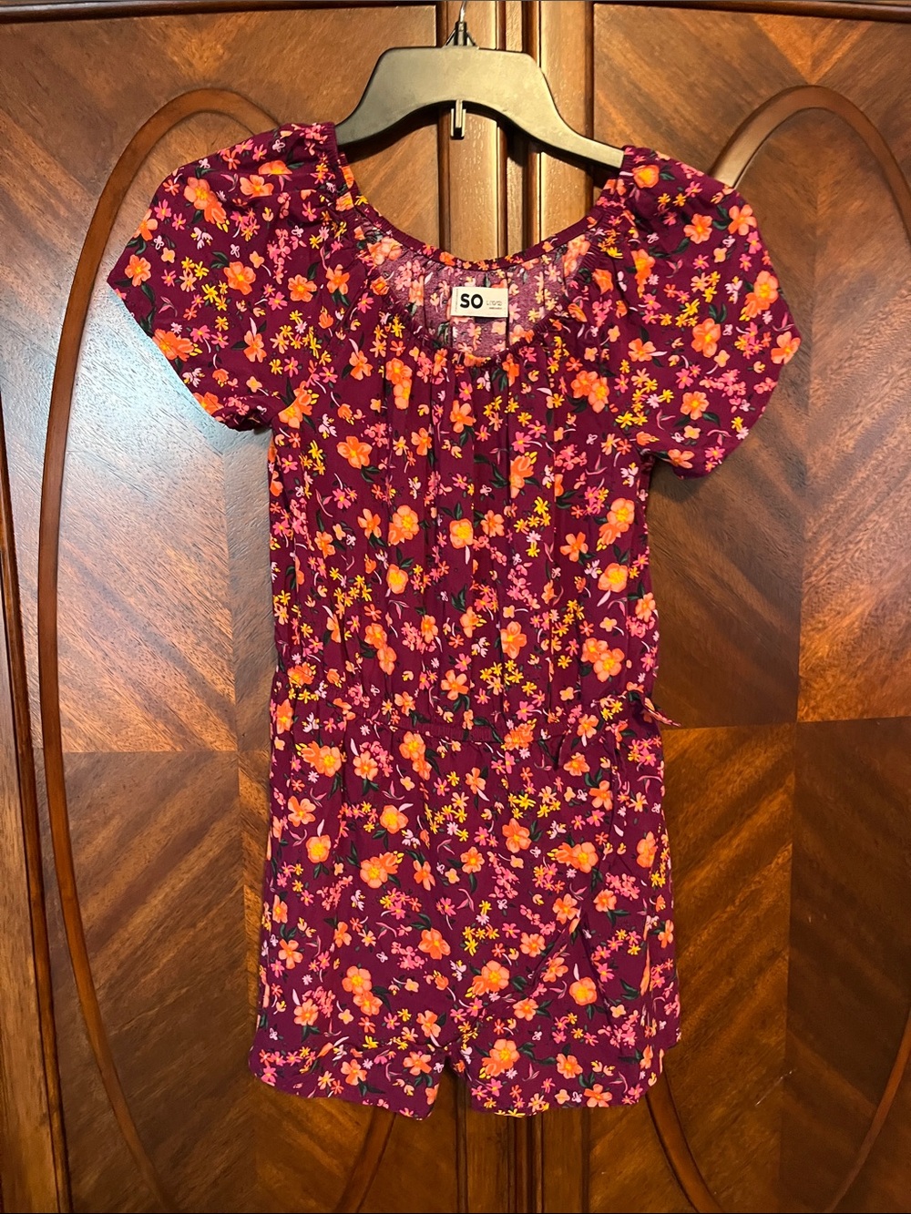 SO Purple Floral Short Sleeve Romper with Orange Accents